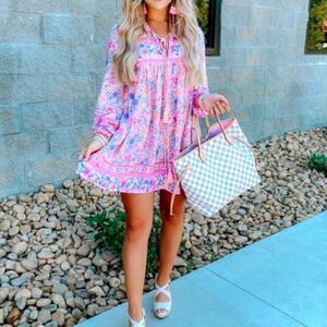 Goodnight Macaroon Sherry Pink Boho Print Long Sleeve Mini Dress Medium